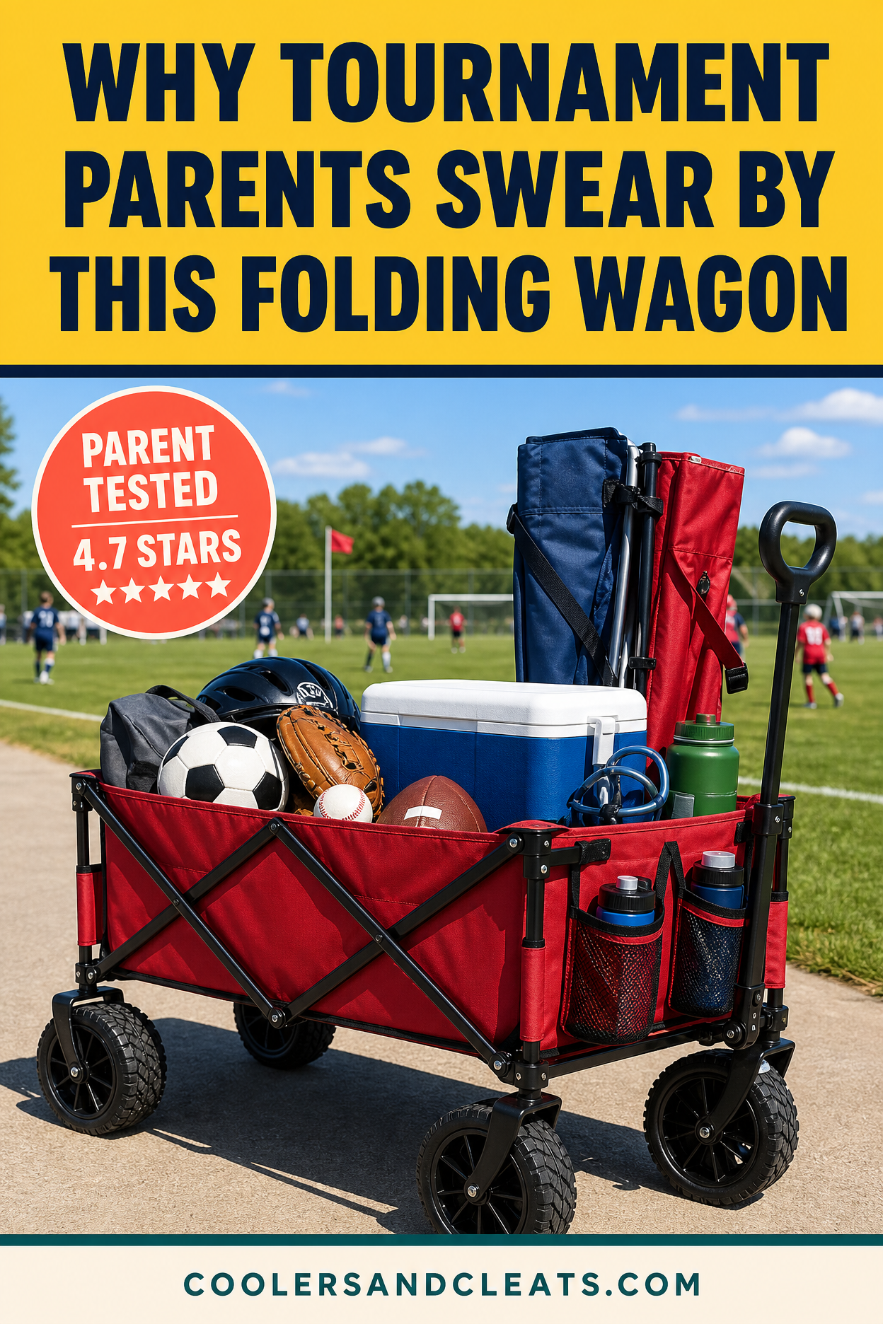Pinterest pin: Why tournament parents swear by this folding wagon
